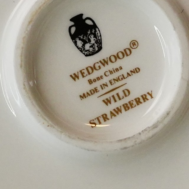 Printed black Portland Vase Wedgwood mark with registered symbol, Bone China Made in England, Wild Strawberry
