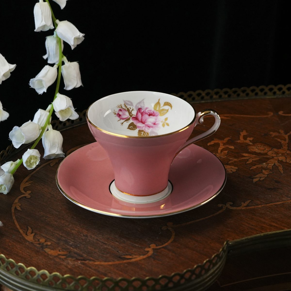 Aynsley Dusty Pink Corset Teacup and Saucer - Hand-Painted Cabbage Rose Interior, Gold Trim, Bone China, England