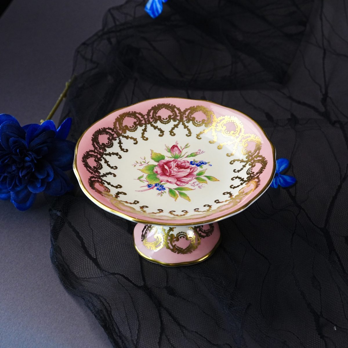 Vintage Aynsley Pink & Gold Footed Sweetmeat Compote – Hand-Tinted Rose, Gilt Scrollwork, Pedestal Bonbon Dish, Bone China, England 1950s