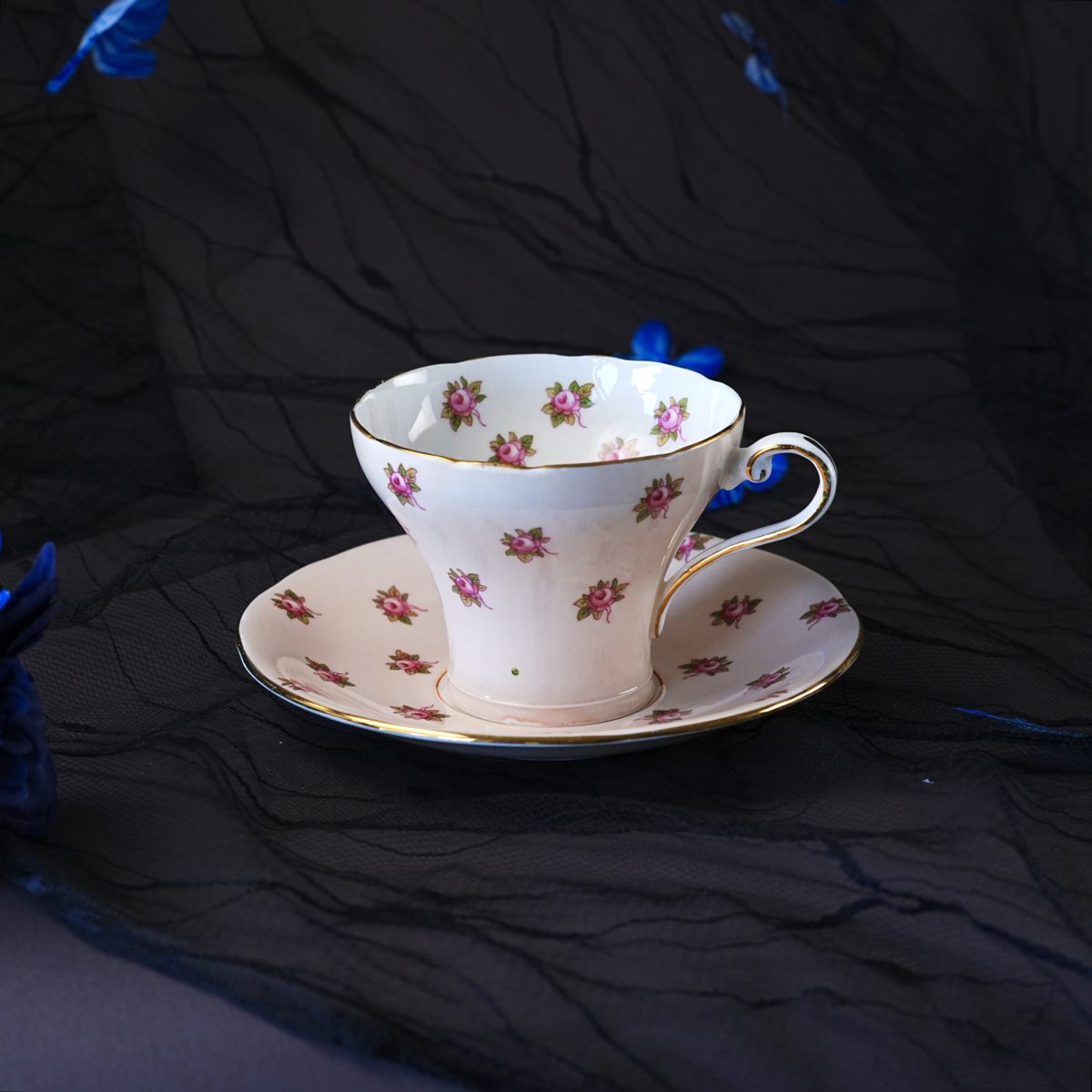 Aynsley Pink Rosebud Corset Teacup and Saucer - All-Over Sprigged Rosebuds, Gilt Rim, Bone China, England