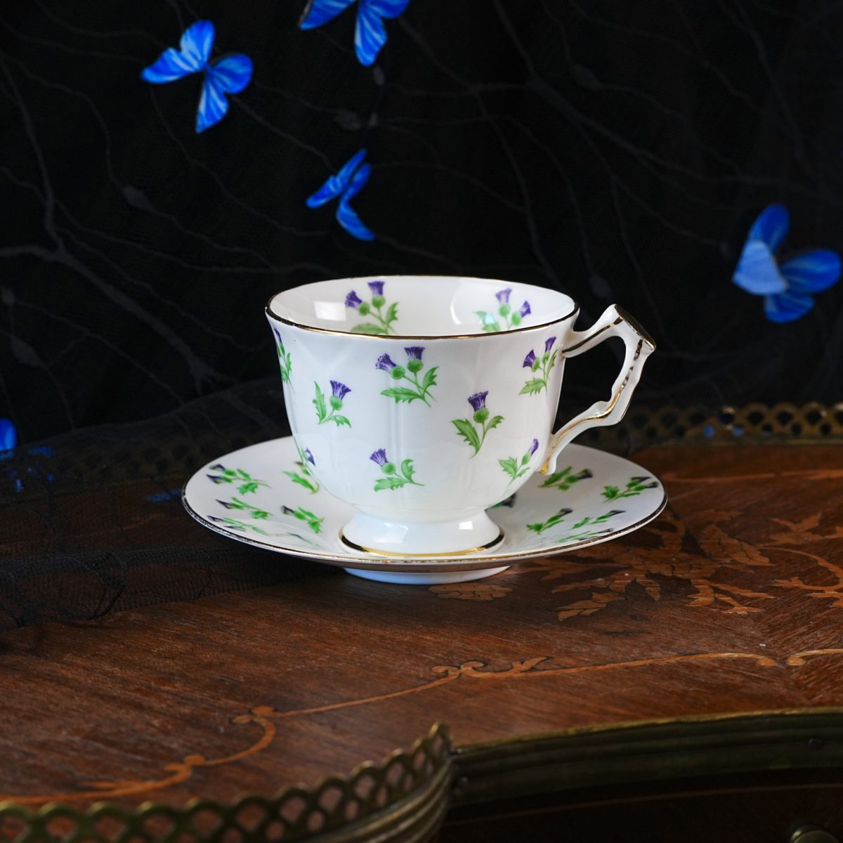 Aynsley Scots Thistle Teacup and Saucer - Pattern 15287, Straight-Fluted Body, Hand-Painted Thistles, England