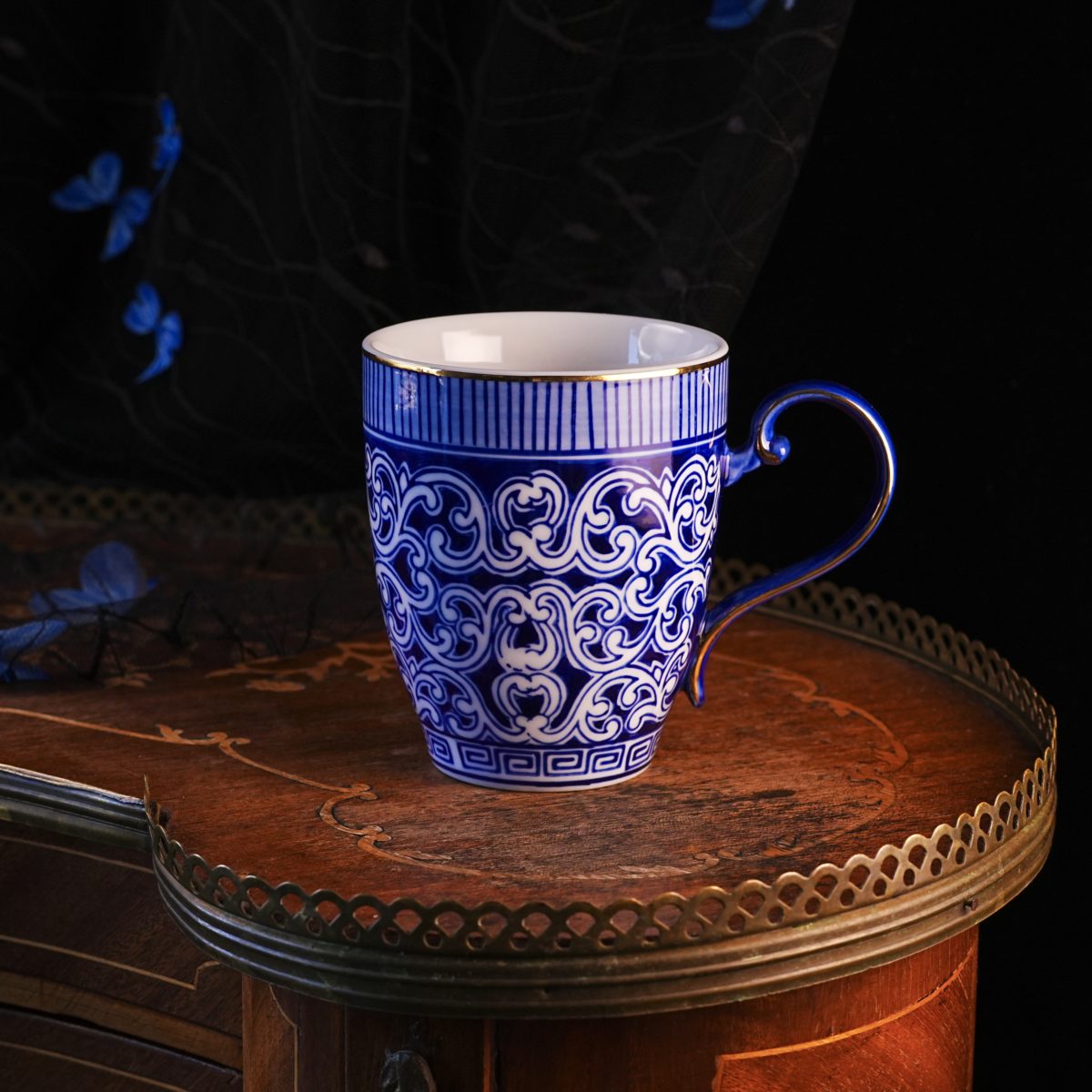 Vintage Bombay Company Cobalt Mug Set Of 2 – White Scrolling Arabesque On Blue, Greek Key Band, Gilt Rim, Iznik Style China, Canada 1990s