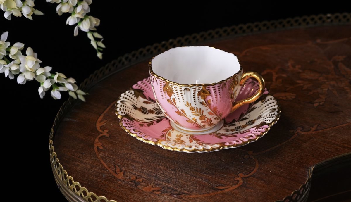 Antique Coalport Pink & Gold Jewelled Cabinet Cup Saucer photo 2