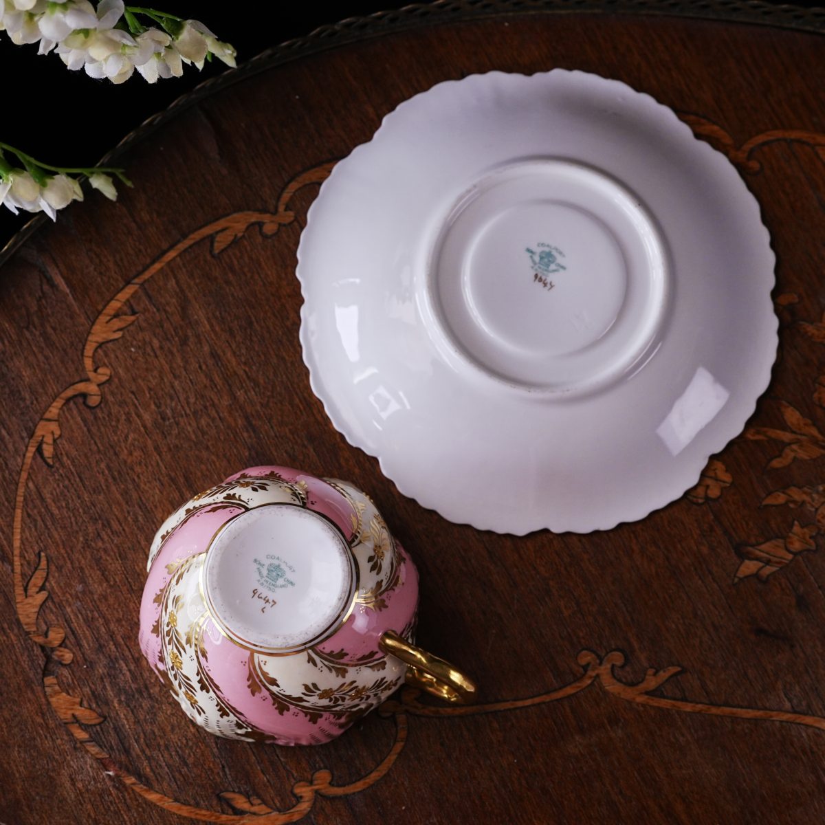 Maker's mark on the base of Antique Coalport Pink & Gold Jewelled Cabinet Cup Saucer