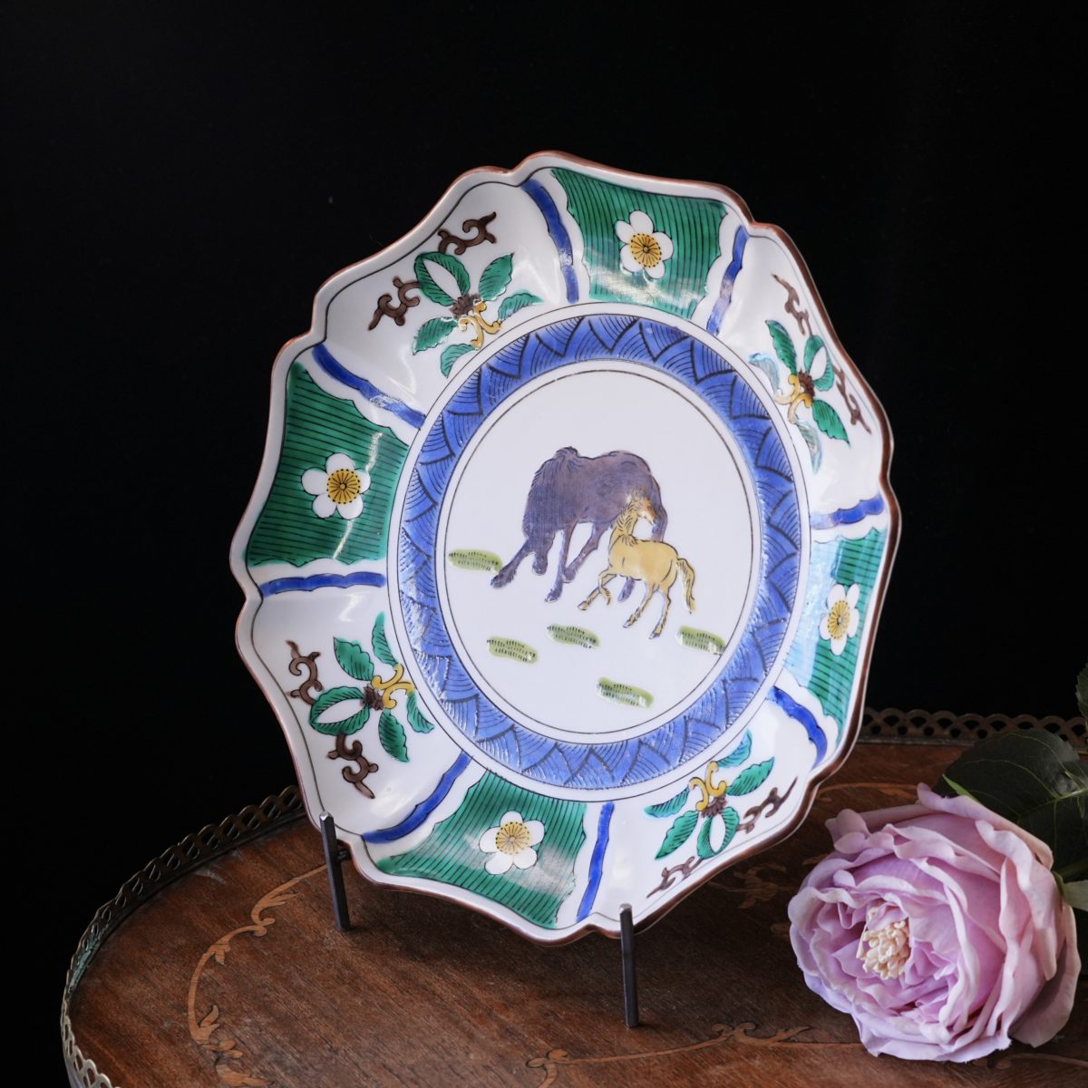 Kutani hand-painted mare and foal wall plate, Japanese porcelain
