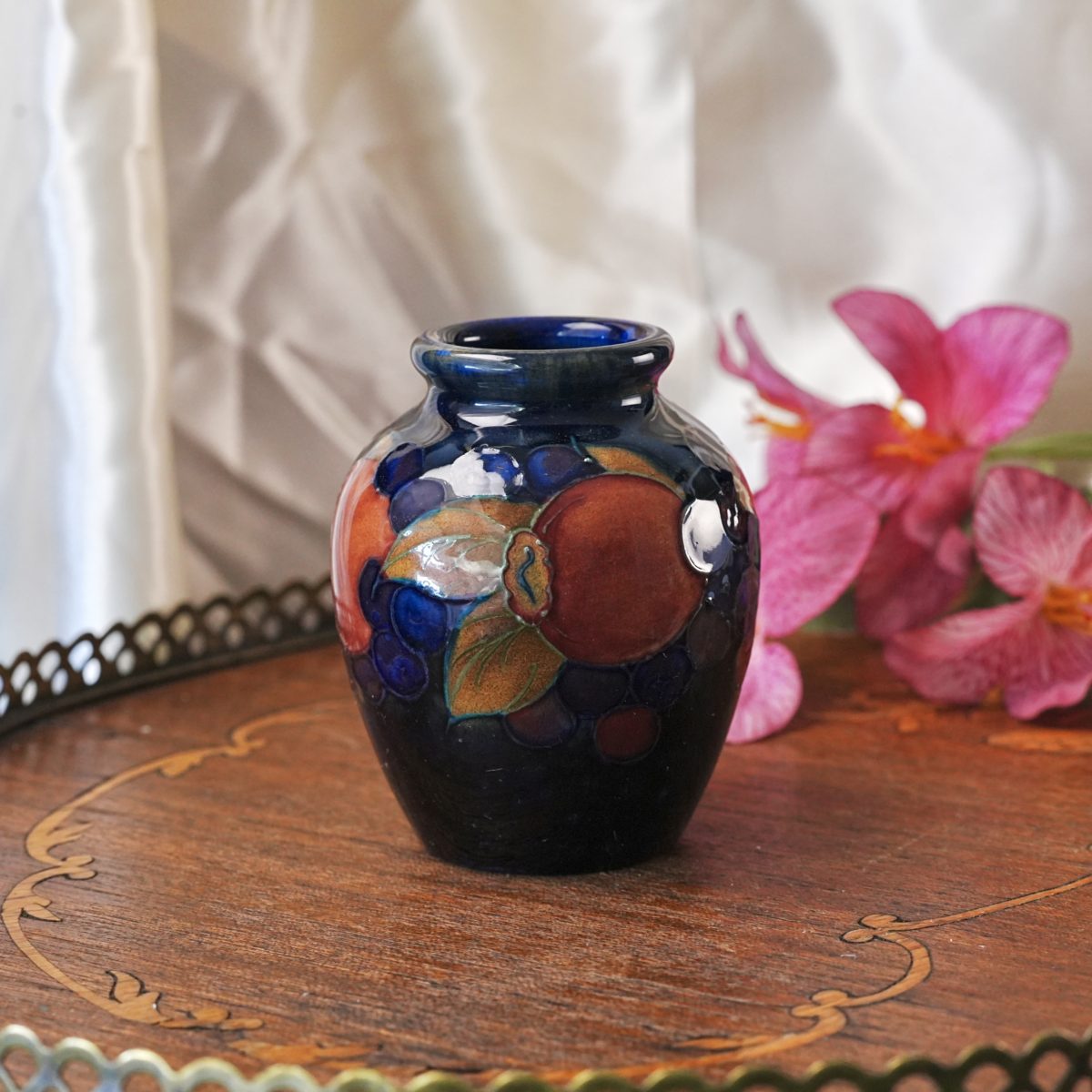 Antique Moorcroft Vase – Pomegranate Pattern, Cobalt Blue Ground, Tube-Lined Fruit & Berries, Impressed Made in England, Art Pottery 1920s