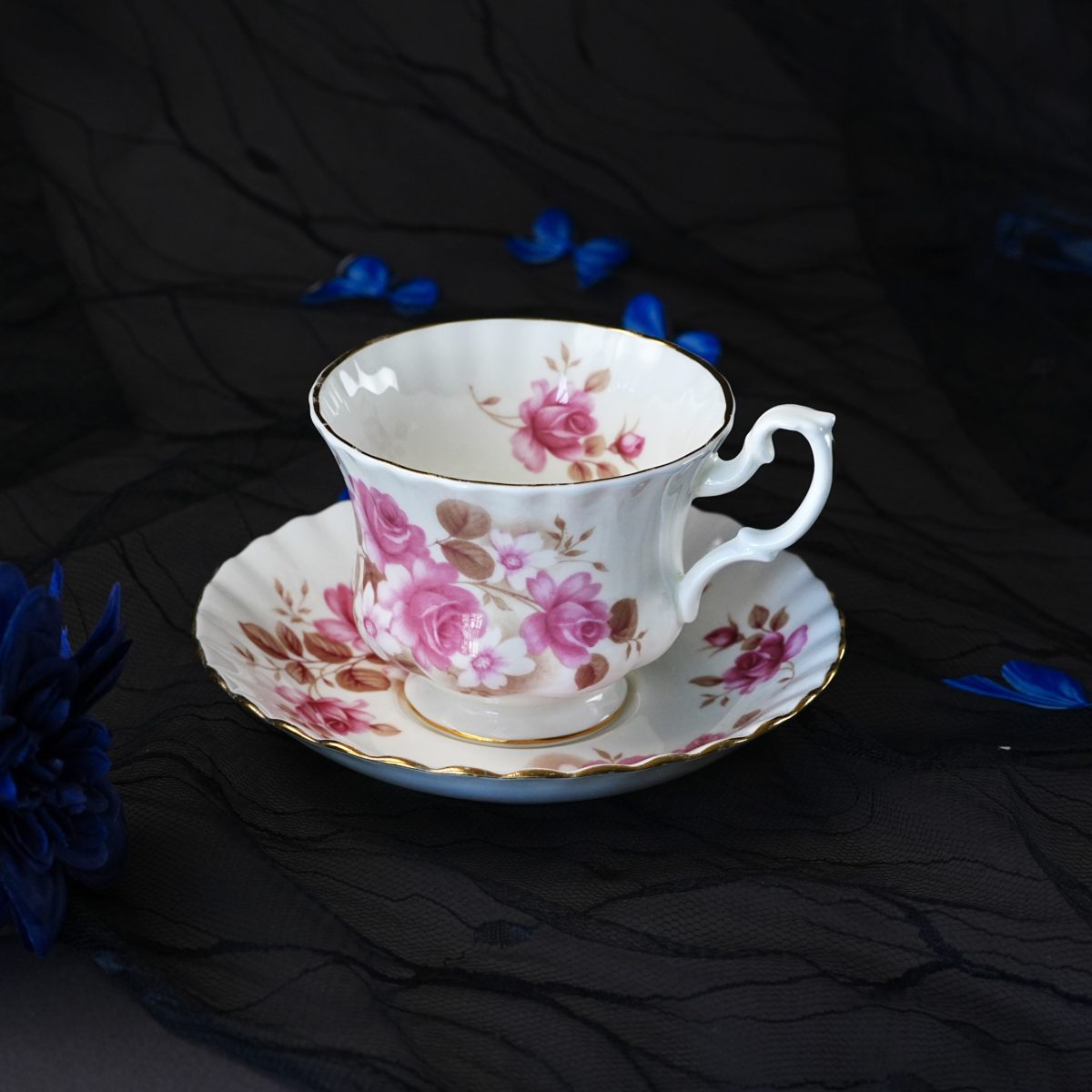Royal Albert Pink Rose Brown Foliage Teacup & Saucer