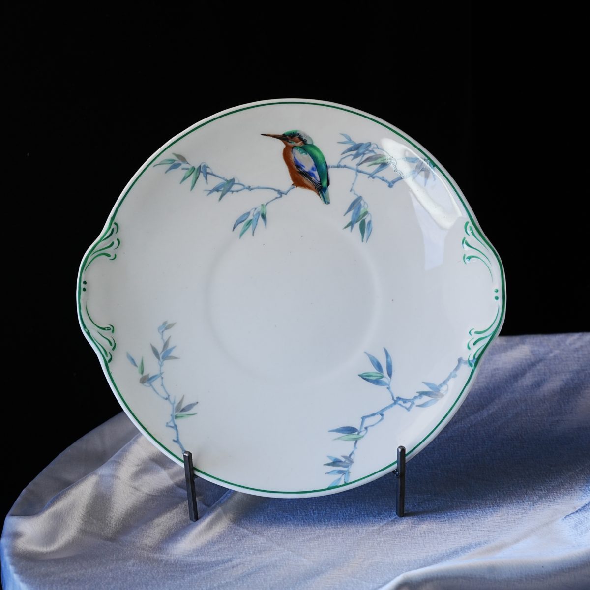 Antique Royal Doulton Kingfisher Cake Plate – Hand-Painted Bird on Bamboo, Scrolled Lug Handles, RD 679032, Fine Bone China, England 1920s