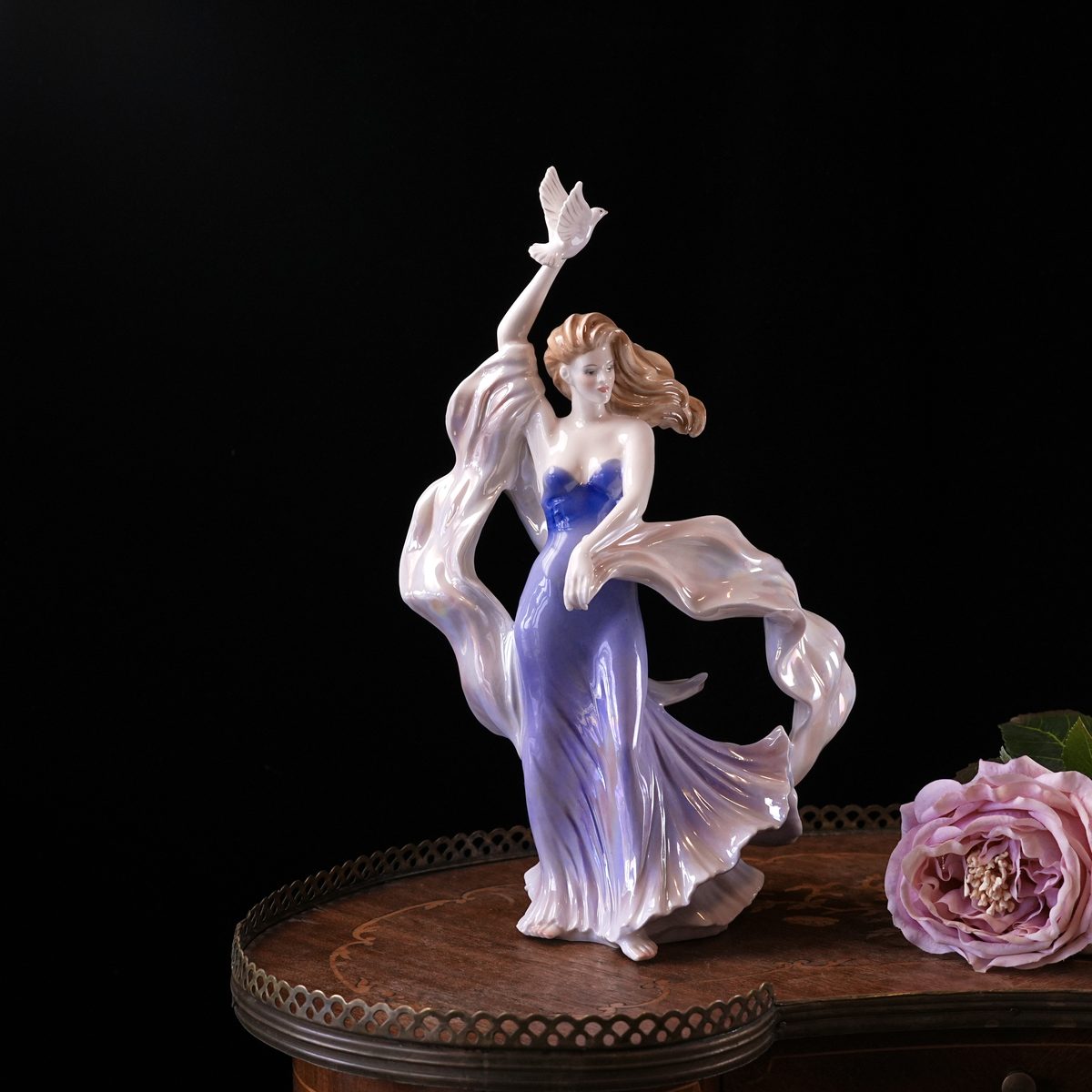 Vintage Royal Worcester Mistral Figurine – Forces of Creation, Lady with Dove, Iridescent Lustre Glaze, Fine Porcelain, England 1997