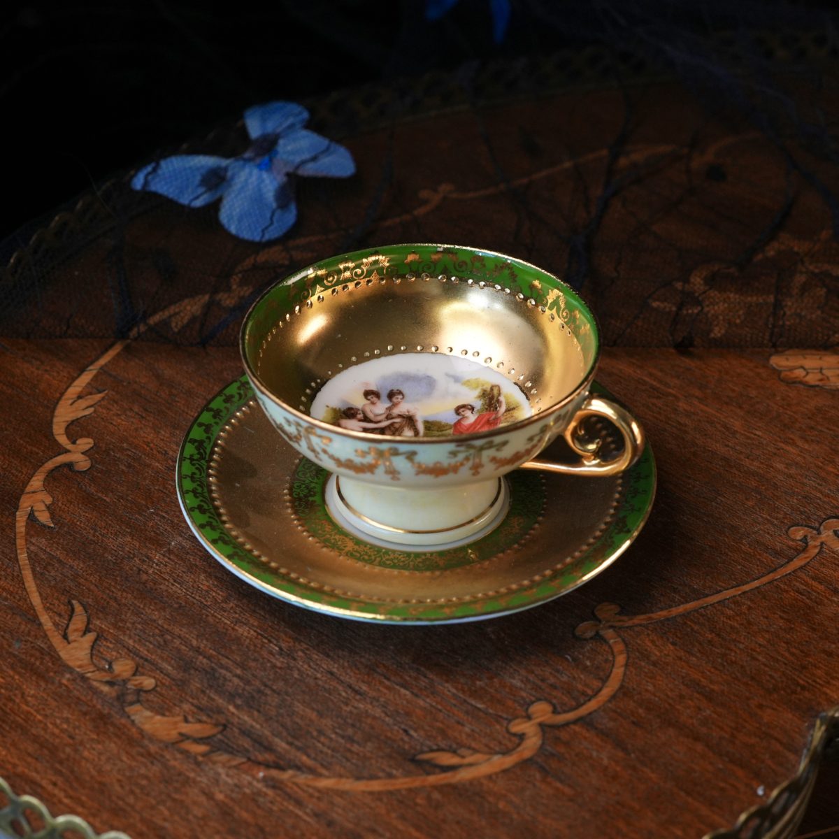 Vienna Style Demitasse Cup And Saucer – Angelica Kauffman Classical Scene, Apple Green Ground, Gilded Interior, Beaded Gold, Unmarked c1900